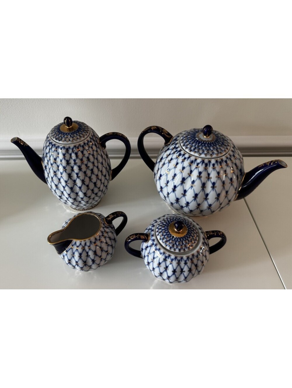 Russian Imperial Lomonosov Cobalt Net Coffee Teapot Creamer Covered Sugar Set
